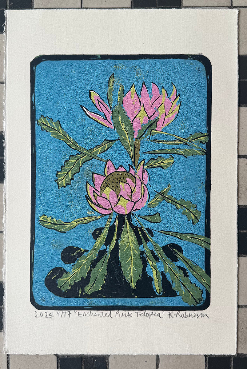 Enchanted Pink Telopea Reduction Linocut Print