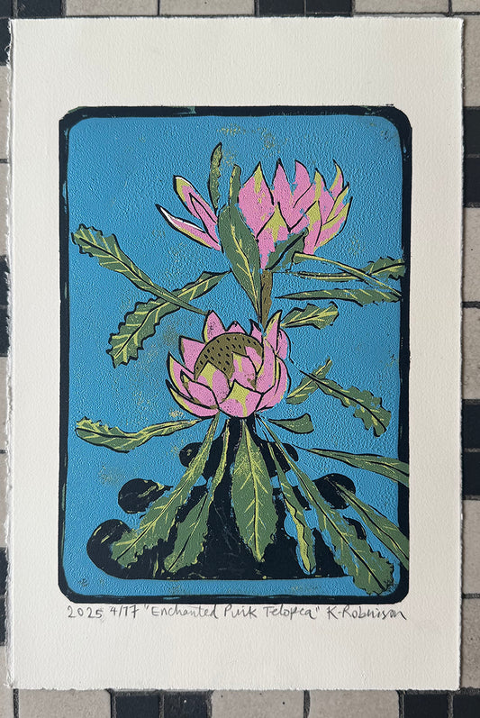 Enchanted Pink Telopea Reduction Linocut Print